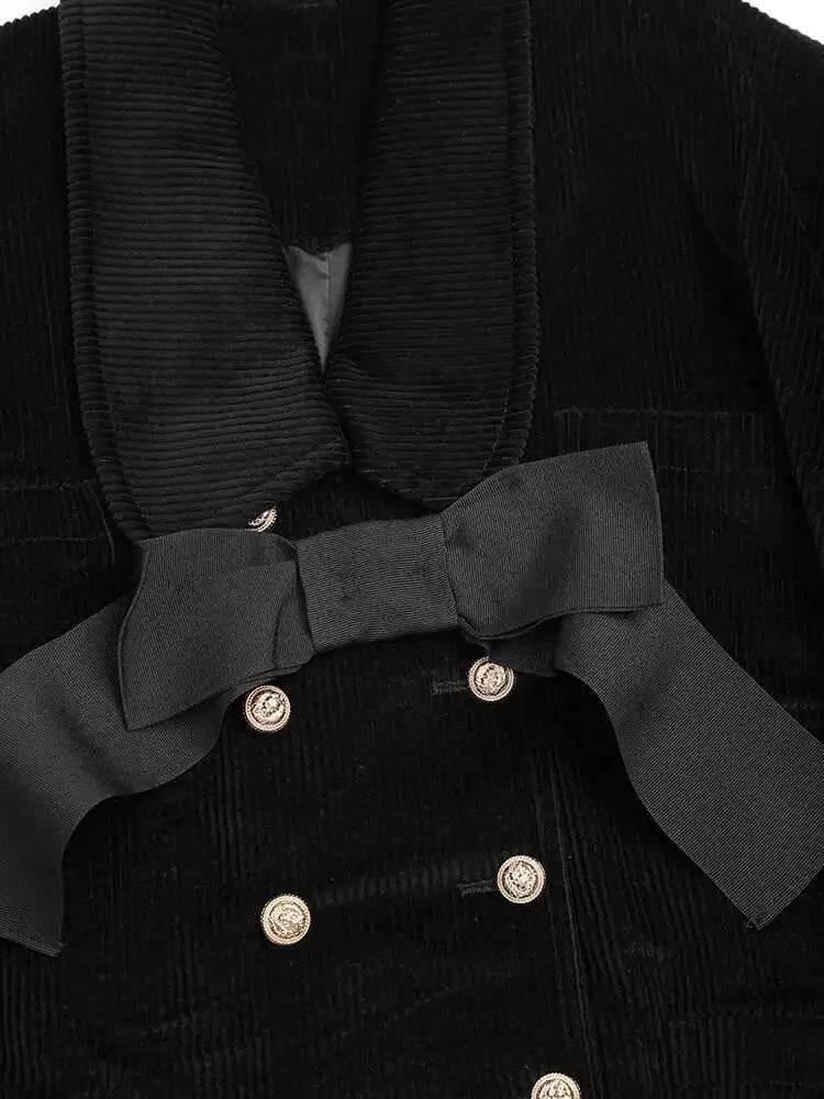 Loose Fit Black Corduroy Bow Big Size Jacket New Lapel Long Sleeve Women Coat Fashion Tide Spring Autumn 2025 1DF2133