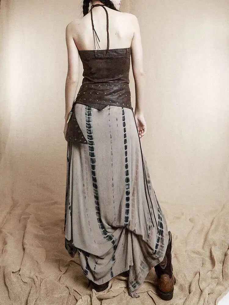 Women Brown Irregular Spliced Tie Dye Vintage Long Strapless Dress New Sleeveless Fashion Tide Spring Autumn 2025 1DH9375