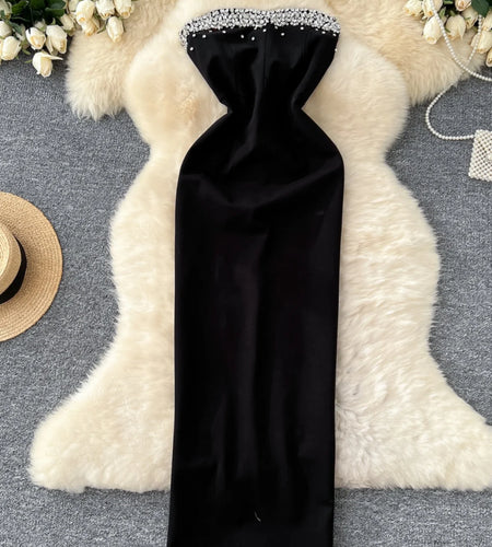 Vintage French Black Red Diamond Sexy Club Strapless Long Dress Summer Woman Brown Backless Sleeveless Slim Party Evening Dress