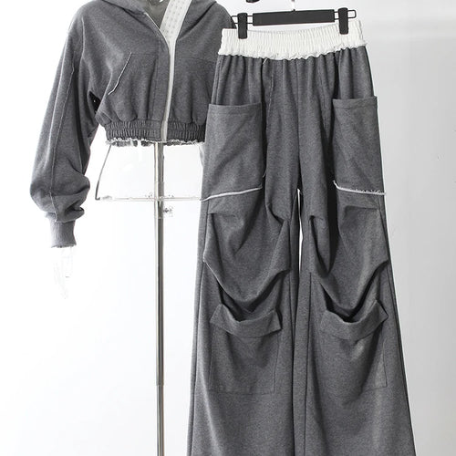 Load image into Gallery viewer, Gray Sweatshirt Color-block Long Pants Two Piece Suit New Hooded Long Sleeve Women Fashion Tide Spring Autumn 2025 7AB8037
