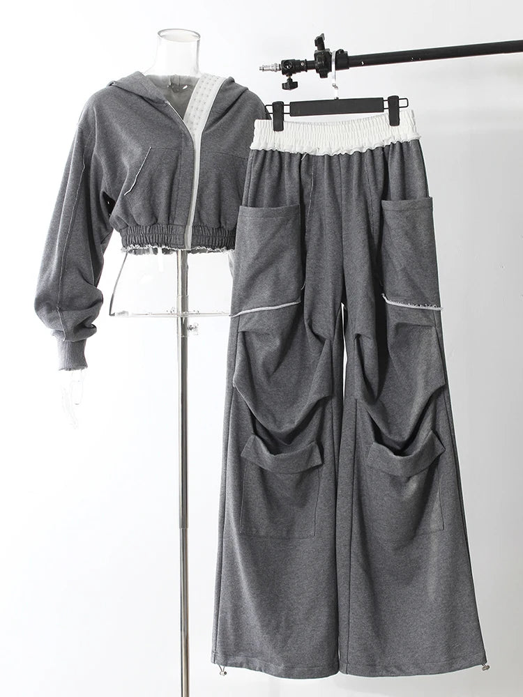 Gray Sweatshirt Color-block Long Pants Two Piece Suit New Hooded Long Sleeve Women Fashion Tide Spring Autumn 2025 7AB8037