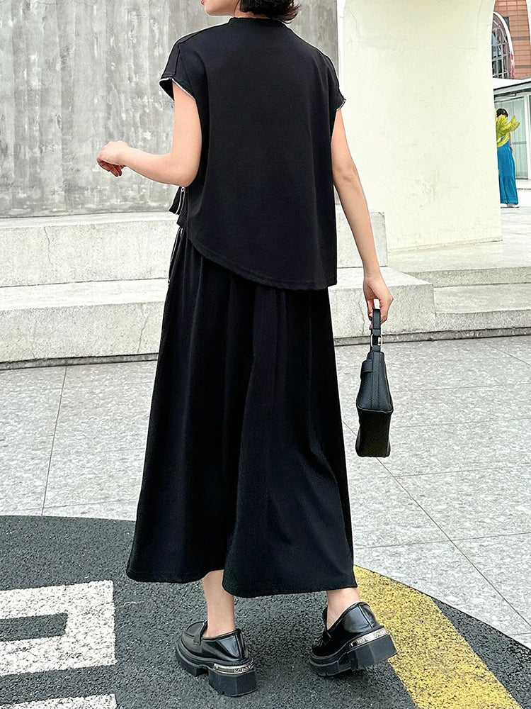 Black Zipper T-shirt Half-body Skirt Two Pieces Suit New Round Neck Sleeveless Women Fashion Spring Summer 2025  1DJ1016