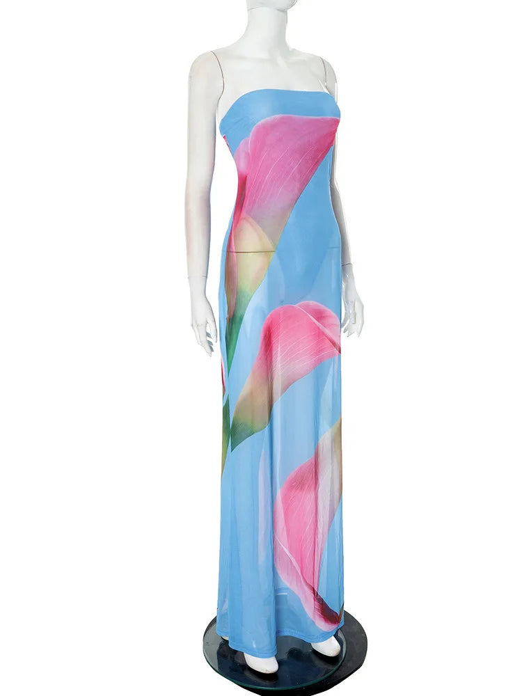 Floral Print Strapless Sexy Maxi Dress For Women Gown Patchwork Off-shoulder Backless Sleeveless Print Long Dress