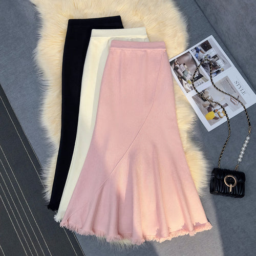 Load image into Gallery viewer, Korean Version Black Beige Tassel Elegant Knit Pleated Long Skirt Women Autumn Winter Pink High Waist Wrap Hip Fishtail Skirts
