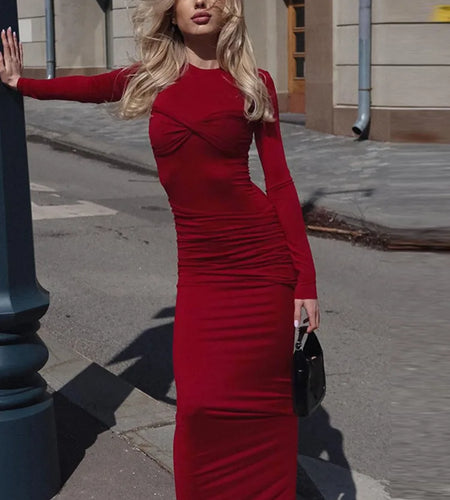 Elegant Elastic Tight Pleated Dress For Women Sexy Slim Long Sleeved Vestidos Autumn Winter New 2024 Party Evening Dress