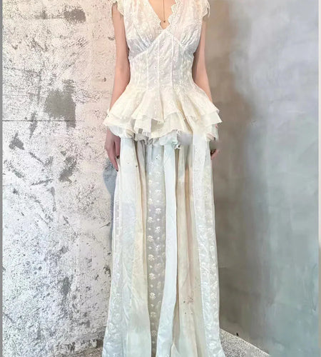 Solid Spliced Embroidery Two Piece Sets for Women V Neck Short Sleeves Patchwork Ruffles Top Long Skirt Set Female