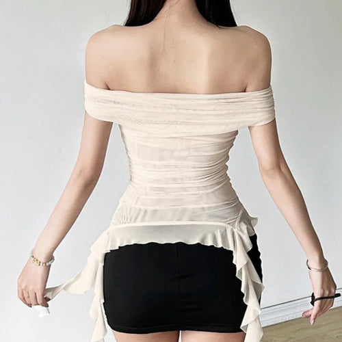 Load image into Gallery viewer, Summer Sexy Y2k Aesthetic Vintage Gauze T-Shirts Streetwear Slash Neck Slim Tshirts Harajuku Summer Irregular Ruffled Crop Tops
