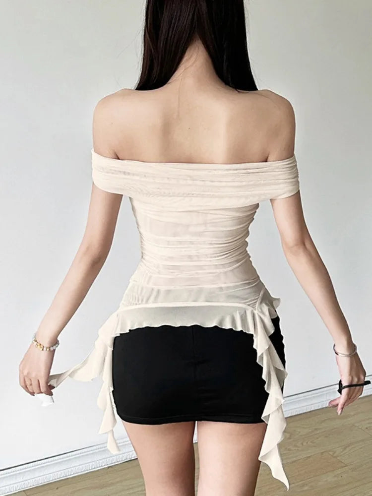 Summer Sexy Y2k Aesthetic Vintage Gauze T-Shirts Streetwear Slash Neck Slim Tshirts Harajuku Summer Irregular Ruffled Crop Tops