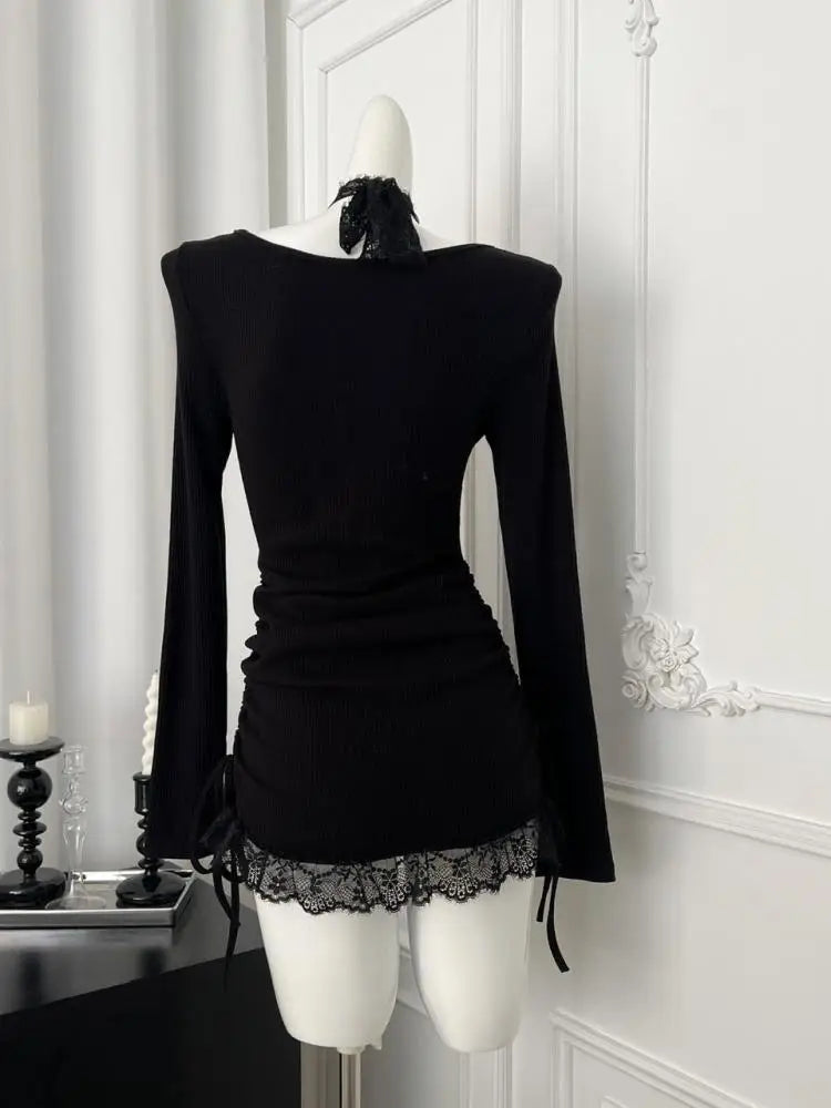 French Vintage Women Black Patchwork Lace Bow Halter Knit Short Dress Autumn Long Sleeve Drawstring Lace-up Pleated Party Dress