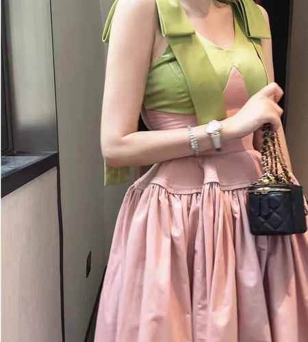 Hit Color Spliced Bowknot Sweet Long Dresses for Women V Neck Sleeveless High Waist Patchwork Ruffles Dress Female