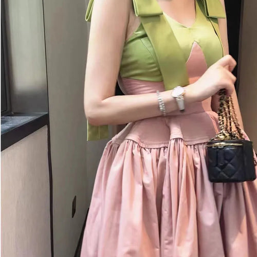 Load image into Gallery viewer, Hit Color Spliced Bowknot Sweet Long Dresses for Women V Neck Sleeveless High Waist Patchwork Ruffles Dress Female
