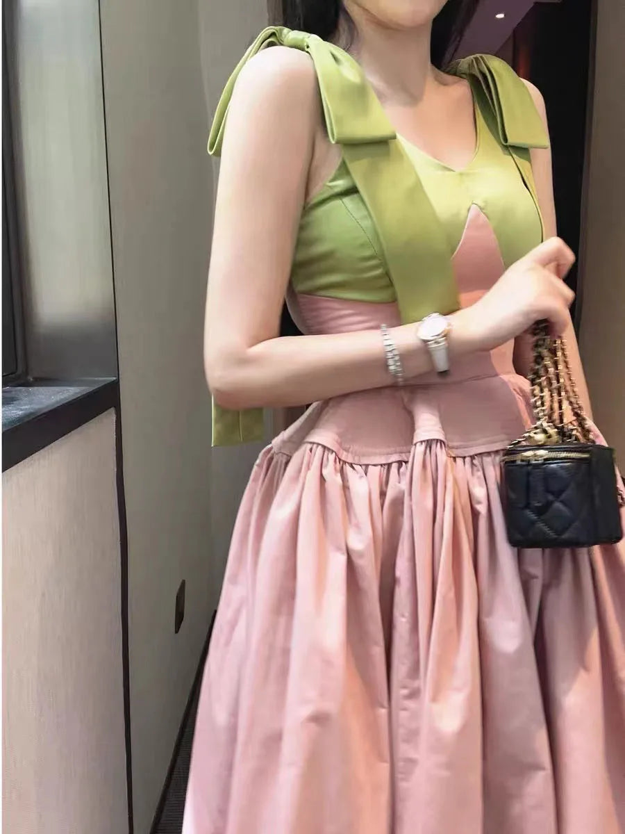 Hit Color Spliced Bowknot Sweet Long Dresses for Women V Neck Sleeveless High Waist Patchwork Ruffles Dress Female