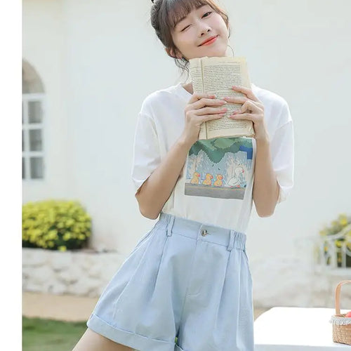 Load image into Gallery viewer, Spring Summer High Waist Solid Student Cotton Shorts Women Fashion Casual Versatile Button Pleated Short Pants Simplicity Korean
