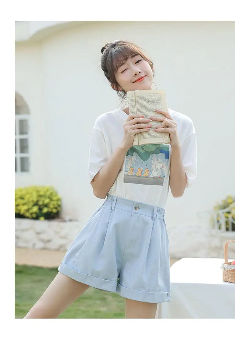 Spring Summer High Waist Solid Student Cotton Shorts Women Fashion Casual Versatile Button Pleated Short Pants Simplicity Korean