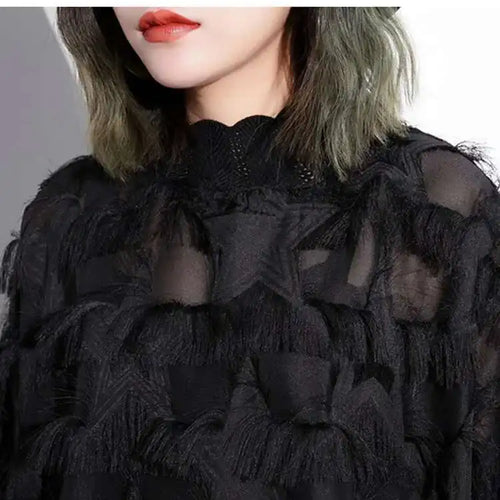Load image into Gallery viewer, Spring Autumn Stand Collar Long Sleeve Perspective Black Loose Tassels Big Size Dress Women Fashion Tide JI780
