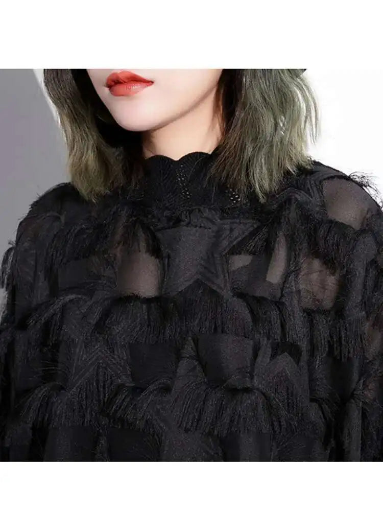 Spring Autumn Stand Collar Long Sleeve Perspective Black Loose Tassels Big Size Dress Women Fashion Tide JI780