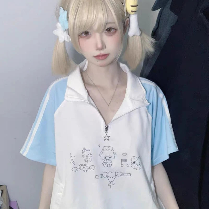Japanese Preppy Style Cartoon Print T-shirt Summer Contrast Color Patchwork Grunge Tops Harajuku Stand Neck Zipper Loose Tshirts