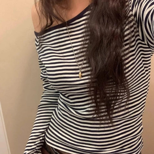 Load image into Gallery viewer, Spring Streetwear Slash Neck Off Shoulder Sexy T-shirts Harajuku Patchwork Vintage Bodycon Tops Women Y2k Aesthetic Grunge Tees
