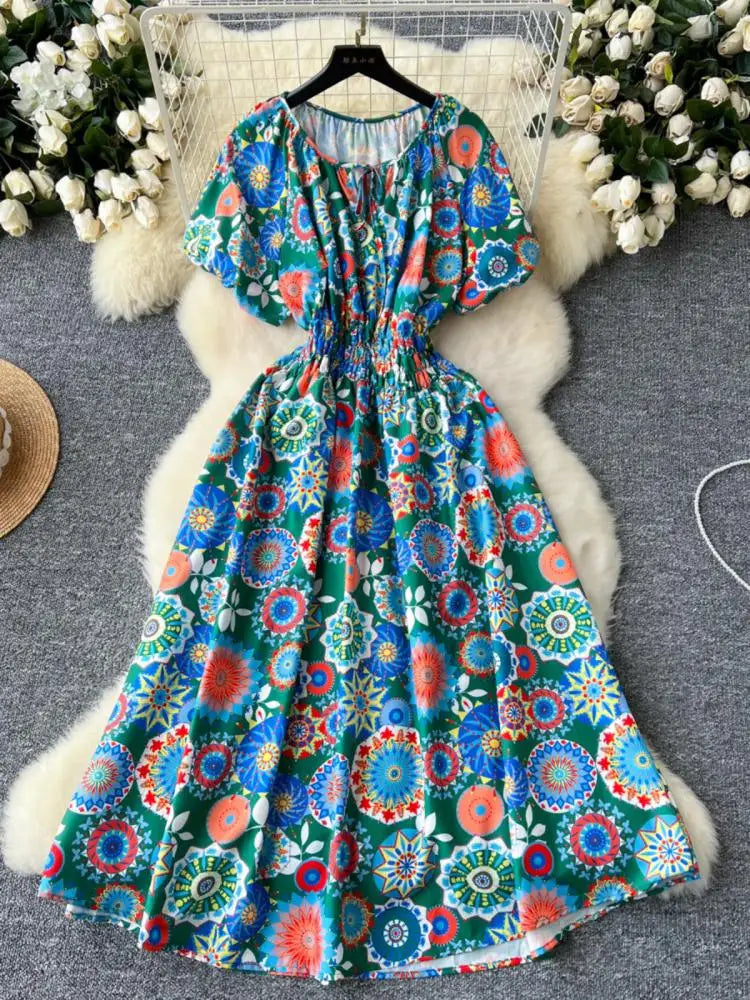 French Retro Women Print Vacation Long Dress 2024 Summer High Waist Round Neck Short Sleeved Lace-up Pleated Dress Bohemian Chic