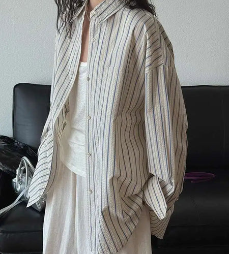 Women Apricot Striped Textured Big Size Long Blouse New Lapel Long Sleeve Shirt Fashion Tide Spring Autumn 2025  1DJ0598
