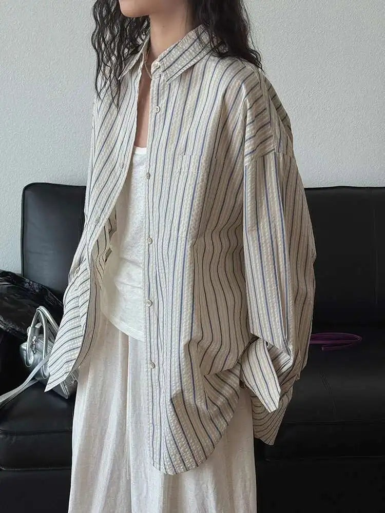 Women Apricot Striped Textured Big Size Long Blouse New Lapel Long Sleeve Shirt Fashion Tide Spring Autumn 2025  1DJ0598