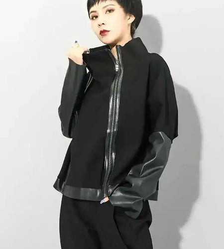 Loose Fit Black Pu Leather Zipper Casual Sweatshirt New Turtleneck Long Sleeve Women Big Size Fashion Autumn 2025 1DF4790