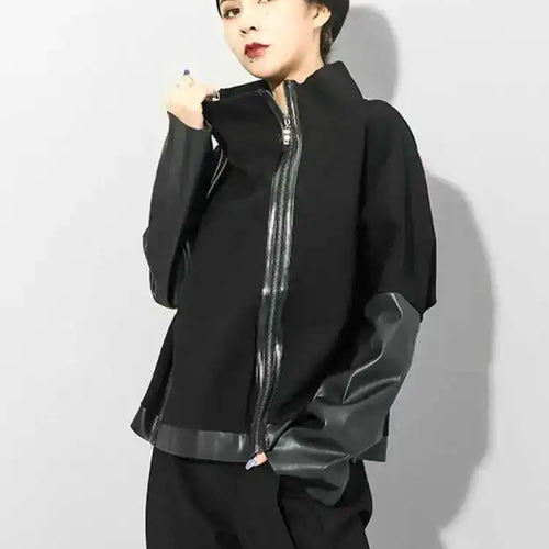 Load image into Gallery viewer, Loose Fit Black Pu Leather Zipper Casual Sweatshirt New Turtleneck Long Sleeve Women Big Size Fashion Autumn 2025 1DF4790
