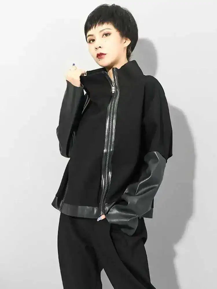 Loose Fit Black Pu Leather Zipper Casual Sweatshirt New Turtleneck Long Sleeve Women Big Size Fashion Autumn 2025 1DF4790