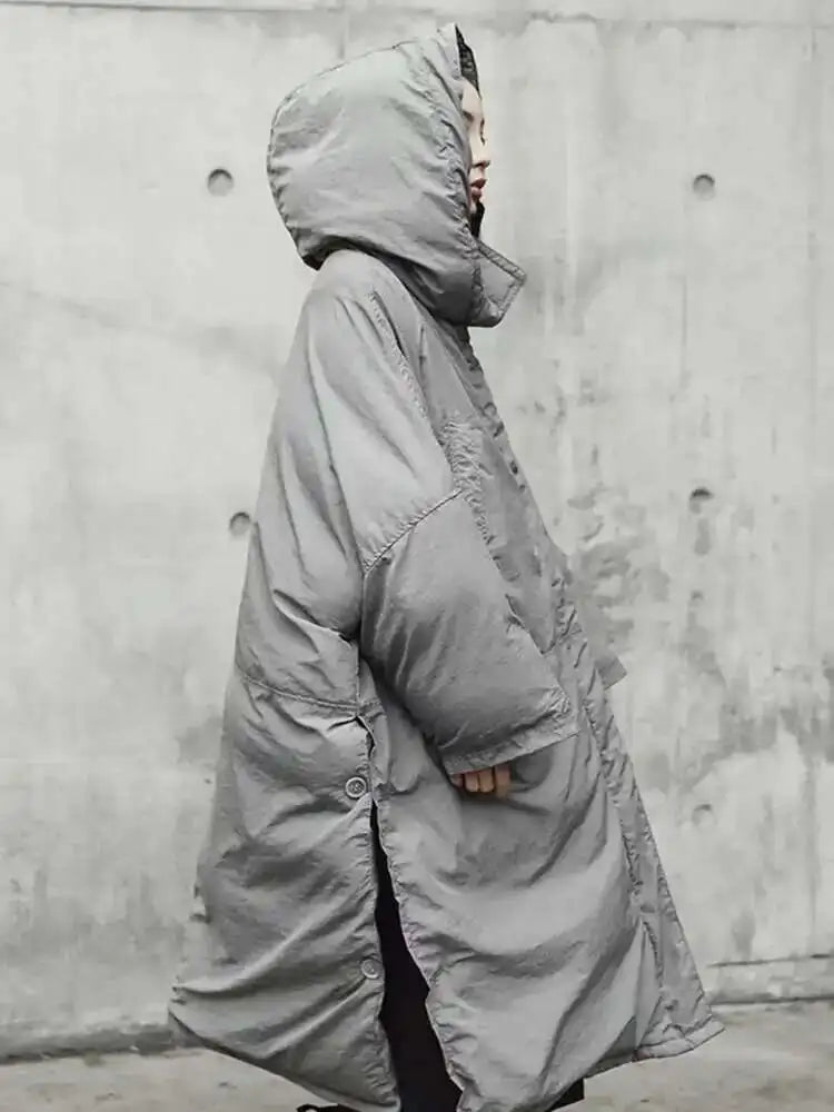 Hooded Cotton-padded Gray Big Size Long Warm Coat Long Sleeve Loose Fit Women Parkas Fashion Autumn Winter 2025 JE02002