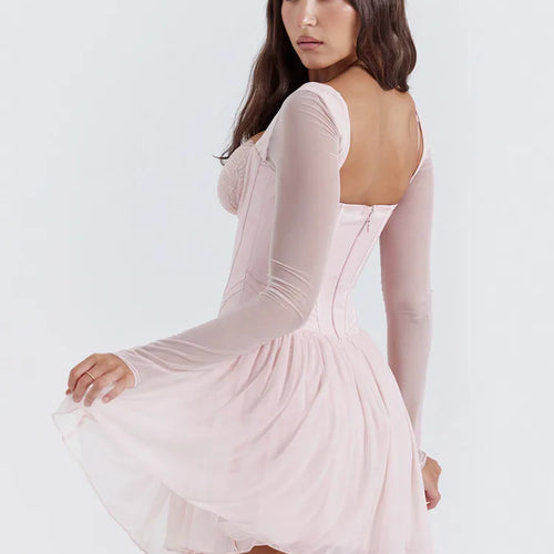 Load image into Gallery viewer, Lace Mesh Backless Sexy Mini Dress For Women Zipper Fishbone Square Collar Long Sleeve Ruched Club Party Dress New
