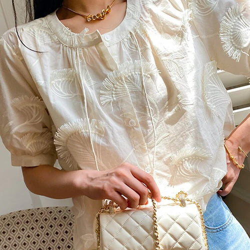 Load image into Gallery viewer, Patchwork Embroidery Shirts For Women Round Neck Puff Sleeve Spliced Single Breasted Casual Blouse Female Fashion
