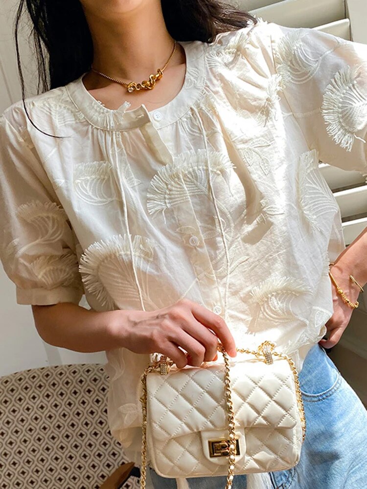 Patchwork Embroidery Shirts For Women Round Neck Puff Sleeve Spliced Single Breasted Casual Blouse Female Fashion