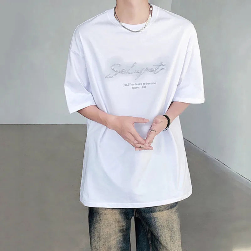 Trend Solid Color Men's Tops Round Neck Short Sleeve T-shirts Casual Printing Pearls Tees Fashion Summer 9C6143