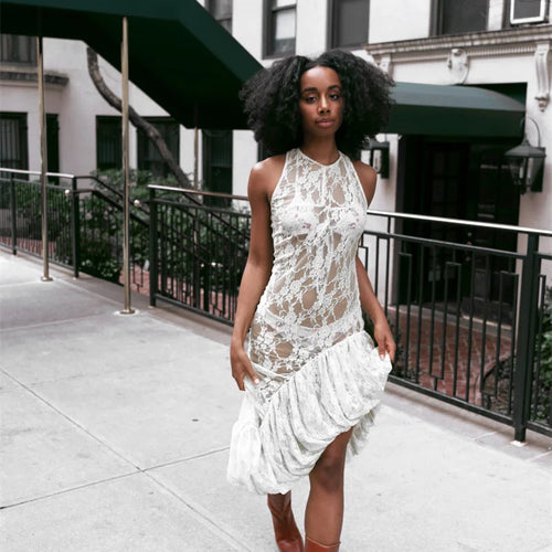 Load image into Gallery viewer, Lace See Through Ruffle Sexy Midi Dress Women Gown Summer Fashion High Waist Slim Thigh High Split Elegant Long Dress
