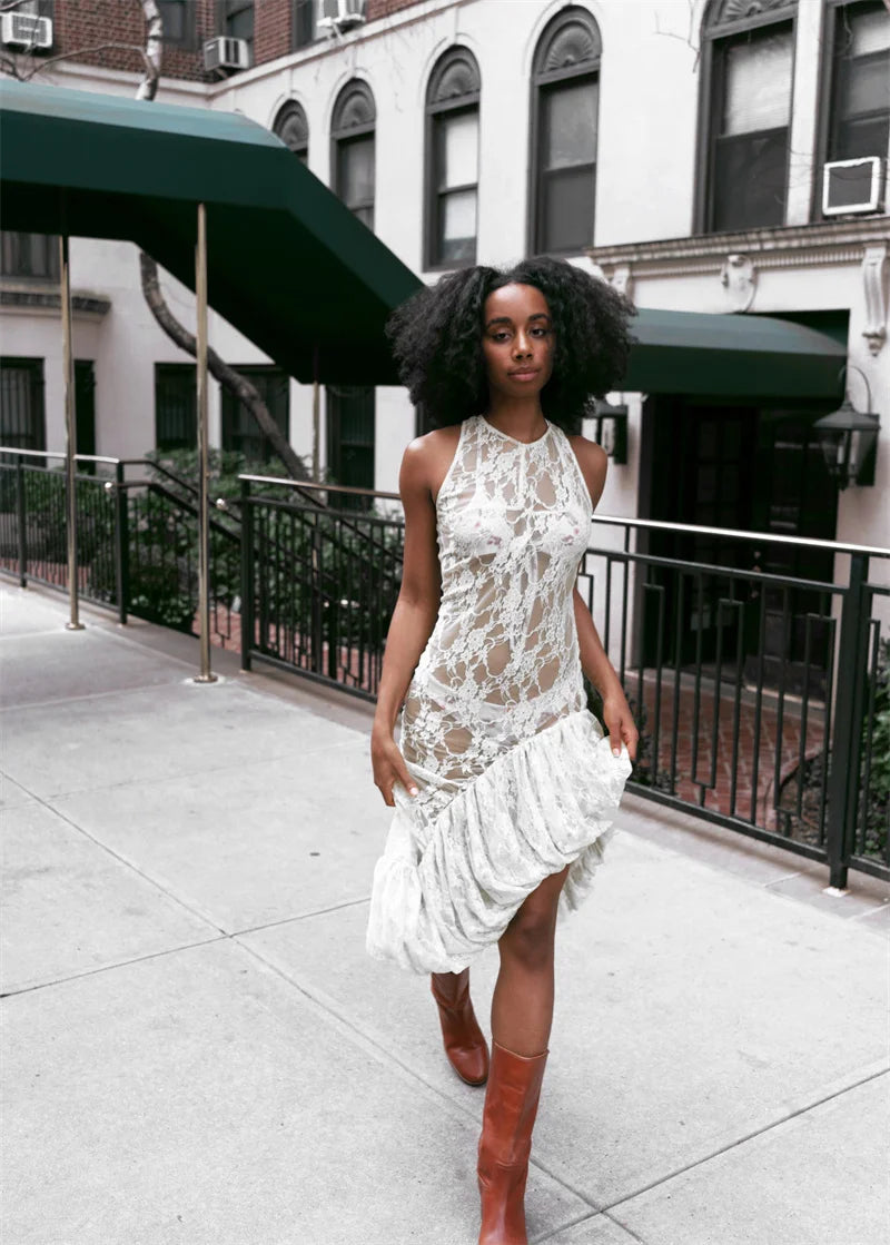 Lace See Through Ruffle Sexy Midi Dress Women Gown Summer Fashion High Waist Slim Thigh High Split Elegant Long Dress