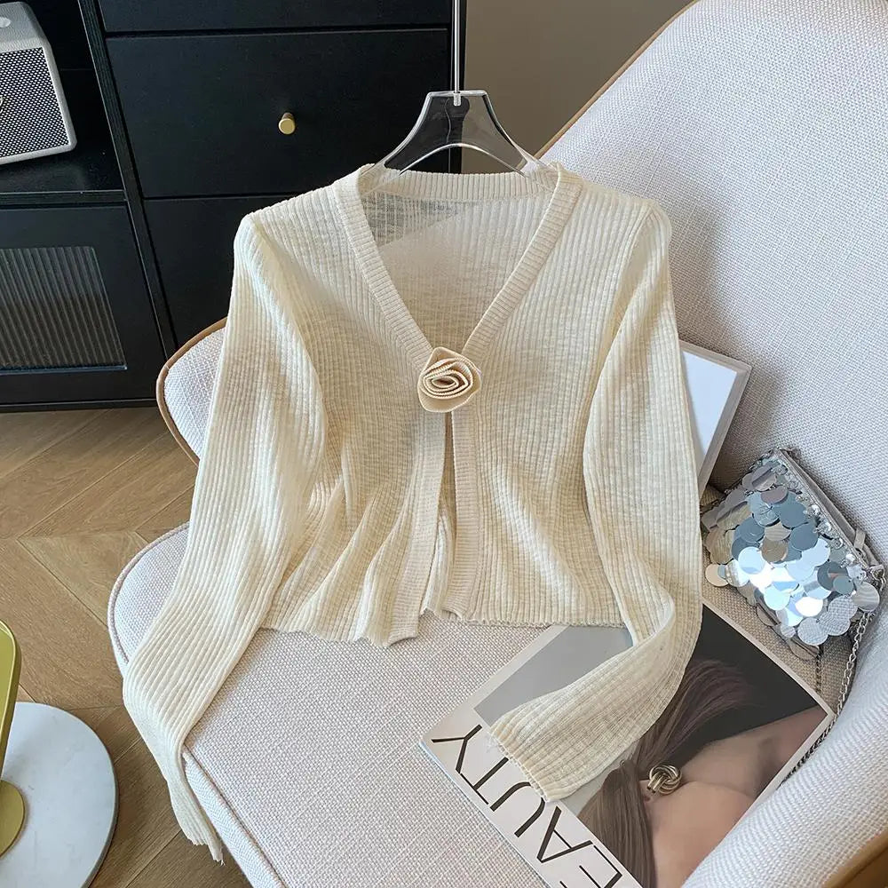 2025 Sping Summer New Women Solid Fashion V-neck Flower Decoration Long Sleeve Cardigan Knitted Tops Sun Protection Clothes Chic