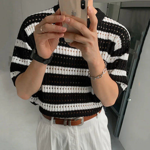 Load image into Gallery viewer, Korean Stripe Male T-shirts Hollow Out Design Kintting Casual Tees Round Neck Short Sleeve Men&#39;s Tops Summer 9C6483
