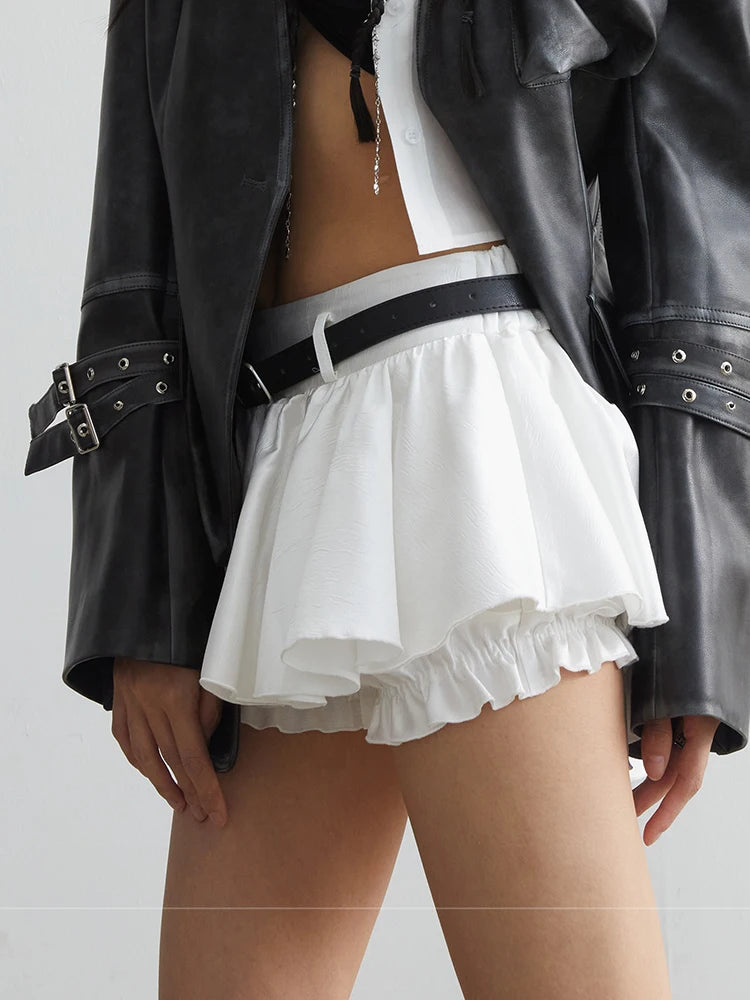 Ruffle Spliced Belt Mini Skirts For Women High Waist  Slimming Streetwear A Line Skirt Female Fashion Clothing