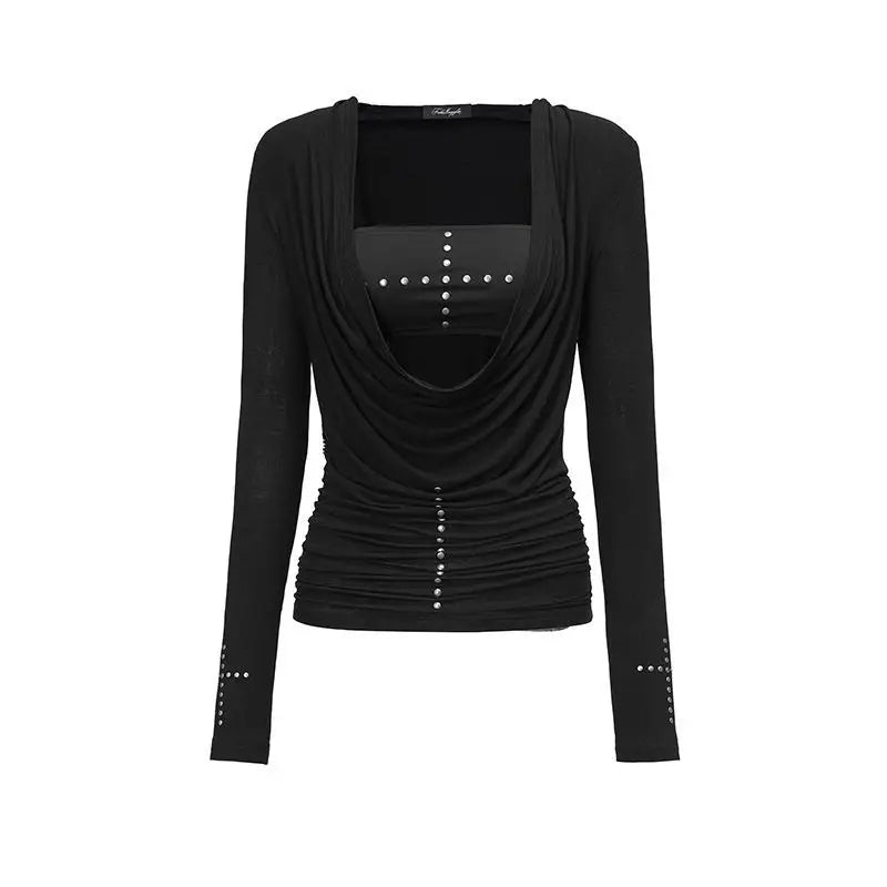 Two Pieces Set Punk Cross Rivets Sexy Women Strapless + Slim Harajuku Vintage Solid Knitted T-Shirt Y2k Aesthetic Fashion Outfit