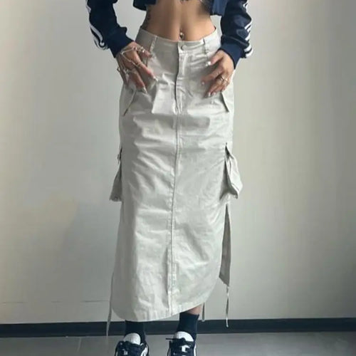 Load image into Gallery viewer, Fashion Long Cargo Skirt Women Y2k Streetwear Vintage Pocket High Waist Side Split Shirring Casual Straight Midi Skirt Korean
