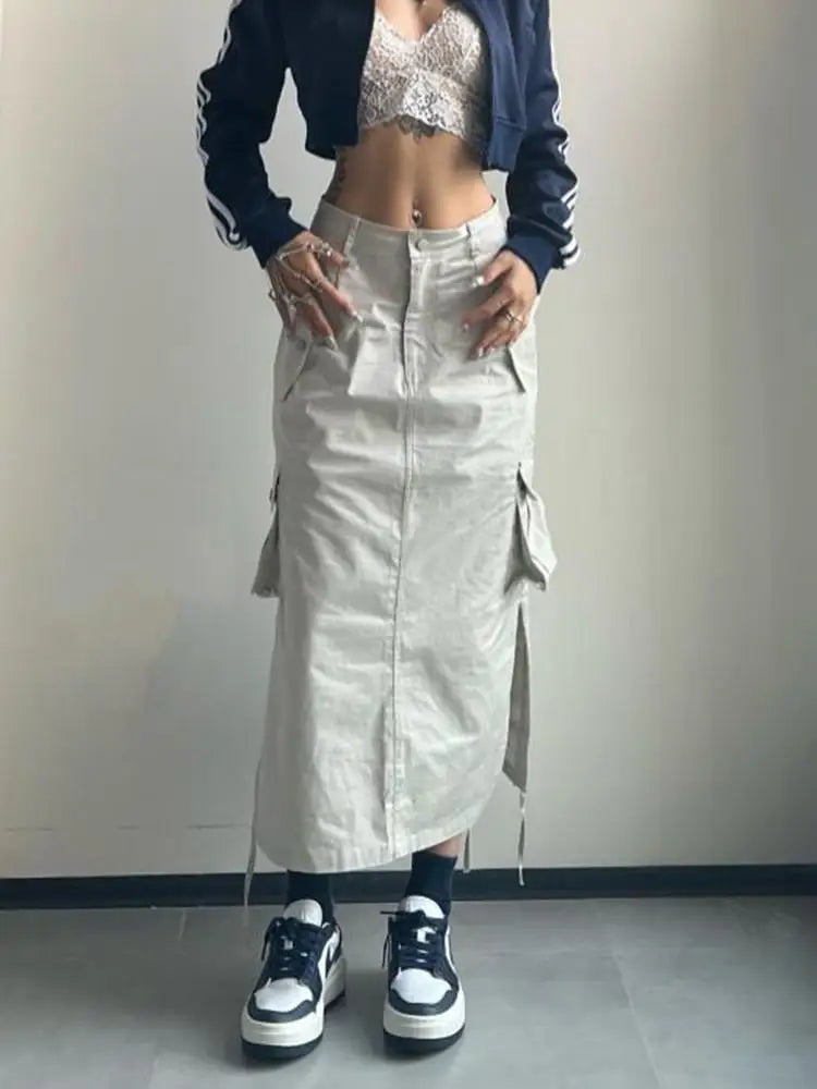 Fashion Long Cargo Skirt Women Y2k Streetwear Vintage Pocket High Waist Side Split Shirring Casual Straight Midi Skirt Korean