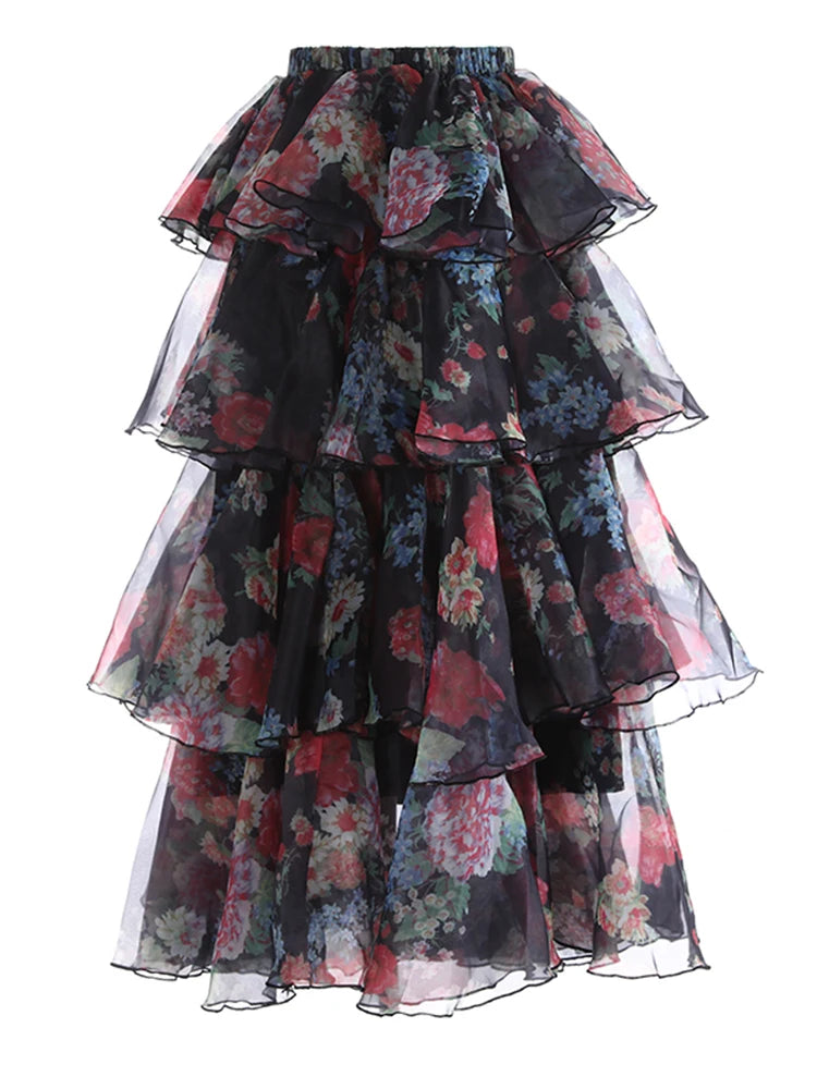 High Elastic Waist Red Printed Organza Layers Cake Half-body Skirt Women Fashion Tide New Spring Autumn 2025 1DJ1174