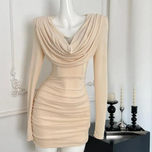 Load image into Gallery viewer, French Fashion Women's Beige V Neck Slim Long Sleeve Mini Dress 2024 Autumn New Sexy Club Wrapped Hip Pleated Short Dress Simple
