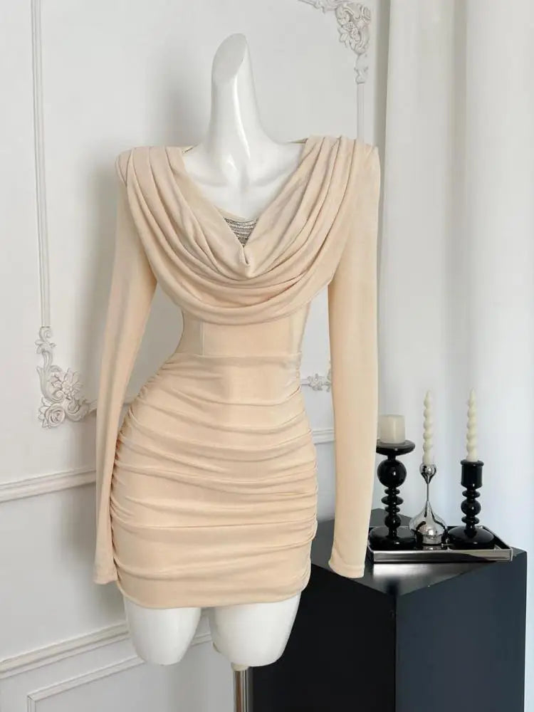 French Fashion Women's Beige V Neck Slim Long Sleeve Mini Dress 2024 Autumn New Sexy Club Wrapped Hip Pleated Short Dress Simple