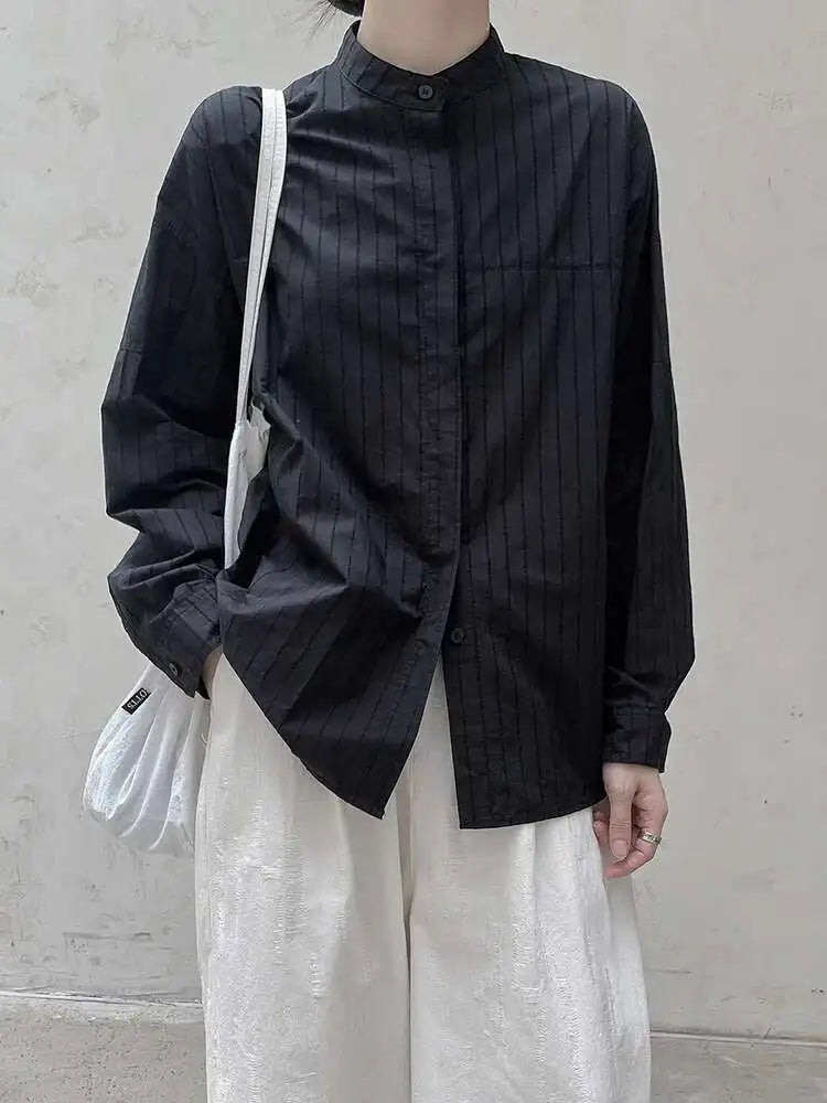Women Black Striped Vintage Big Size Blouse New Stand Collar Long Sleeve Shirt Fashion Tide Spring Autumn 2025 1DH8363