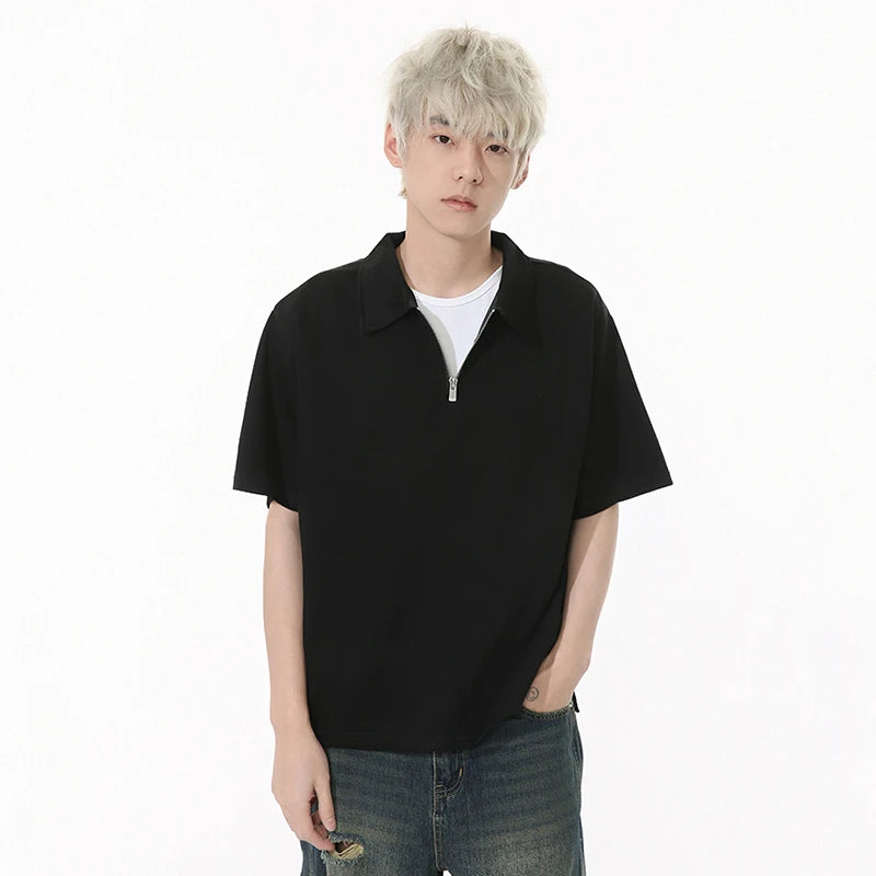 Solid Color Men's T-shirts Lapel Half Zipper Simple Short Sleeved Casual Menswear Pullover Loose Male Tees Korean 9W1260