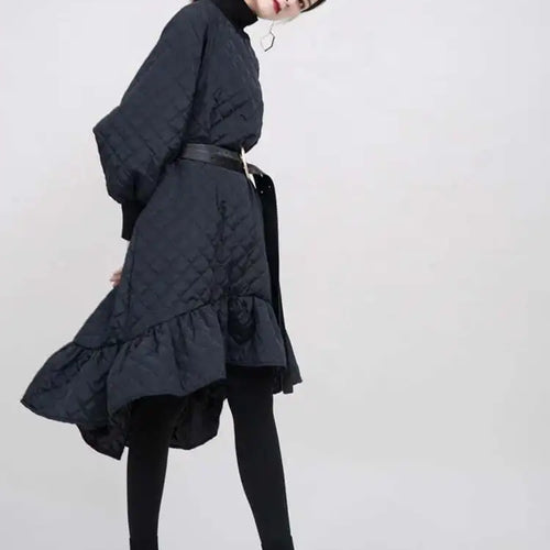 Load image into Gallery viewer, Women Black Cotton-padded Ruffles Dress New Turtleneck Long Sleeve Loose Fit Fashion Tide Autumn Winter 2025 1M9310
