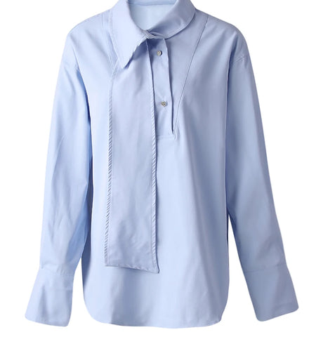 Women Blue Irregular Tie Big Size Elegant Blouse New Lapel Long Sleeve Shirt Fashion Tide Spring Autumn 2025 CPG3075