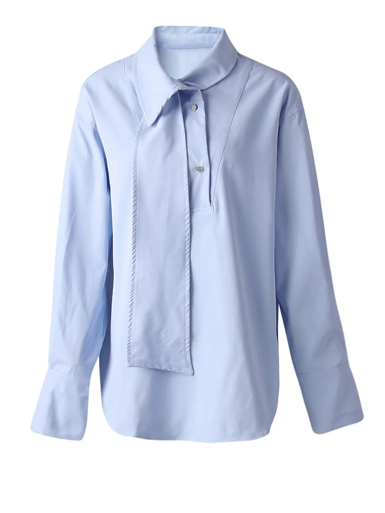 Women Blue Irregular Tie Big Size Elegant Blouse New Lapel Long Sleeve Shirt Fashion Tide Spring Autumn 2025 CPG3075