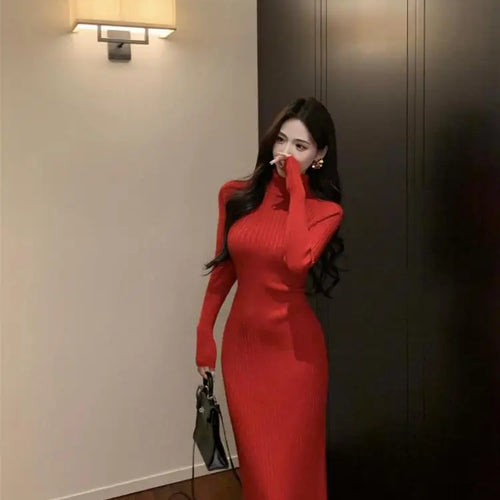 Load image into Gallery viewer, New Solid High Collar Long Sleeve Festival Knitted Dress Autumn Winter French Fashion Slim Long Sleeves Elegant Wrap Hip Dresses
